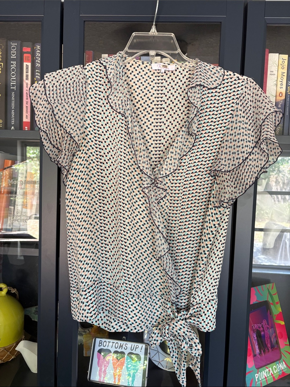 Parker Cream Wrap Blouse with Black & Teal Geo Print